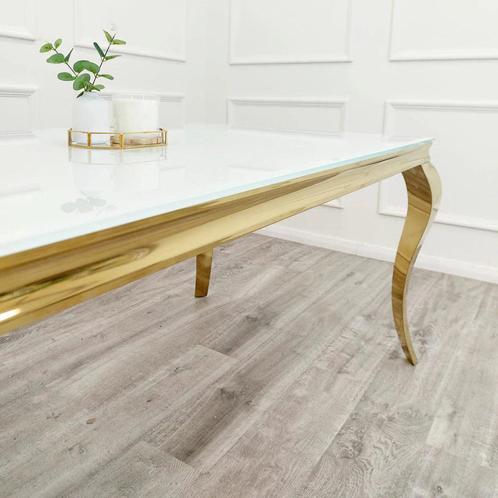 Louis Gold & White Marble Dining Table With Cream & Gold Lion Knocker Button Back Dining Chairs - Belmont Interiors