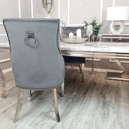 Ottavia 180cm Marble & Chrome Dining Table With Chrome Ring Knocker Velvet Chairs - Belmont Interiors