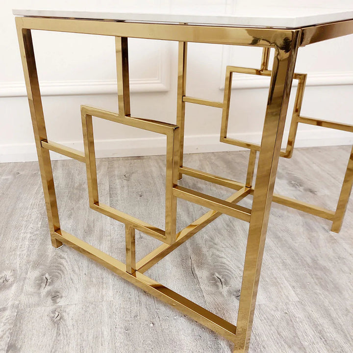 Geo Gold Lamp Side Table with Polar White Sintered Top - Belmont Interiors