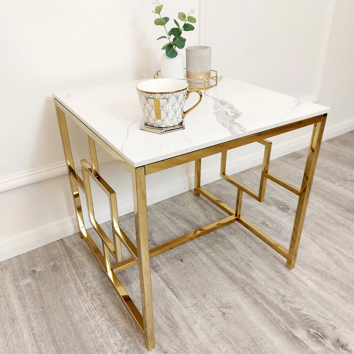 Geo Gold Lamp Side Table with Polar White Sintered Top - Belmont Interiors