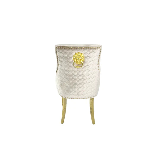 Mayfair 180CM Gold Marble Dining Table With Gold Lion Knocker Quilted Dining Chairs - Belmont Interiors