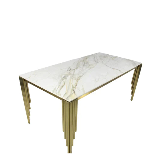 Mayfair 180CM Gold Marble Dining Table With Gold Lion Knocker Quilted Dining Chairs - Belmont Interiors