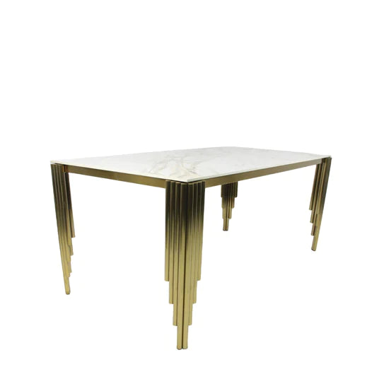 Mayfair 180CM Gold Marble Dining Table With Gold Lion Knocker Quilted Dining Chairs - Belmont Interiors