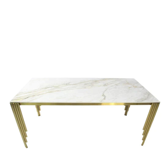 Mayfair 180CM Gold Marble Dining Table With Gold Lion Knocker Quilted Dining Chairs - Belmont Interiors