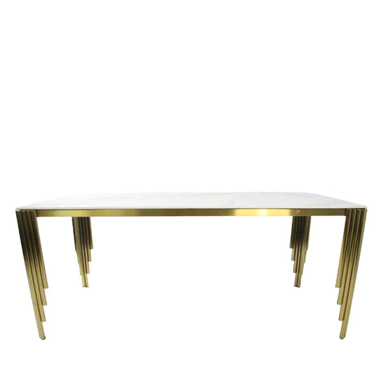 Mayfair 180CM Gold Marble Dining Table With Gold Lion Knocker Quilted Dining Chairs - Belmont Interiors