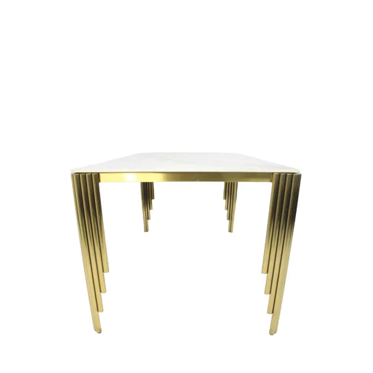 Mayfair 180CM Gold Marble Dining Table With Gold Lion Knocker Quilted Dining Chairs - Belmont Interiors