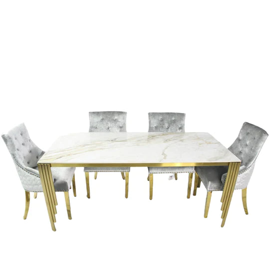 Mayfair 180CM Gold Marble Dining Table With Gold Lion Knocker Quilted Dining Chairs - Belmont Interiors