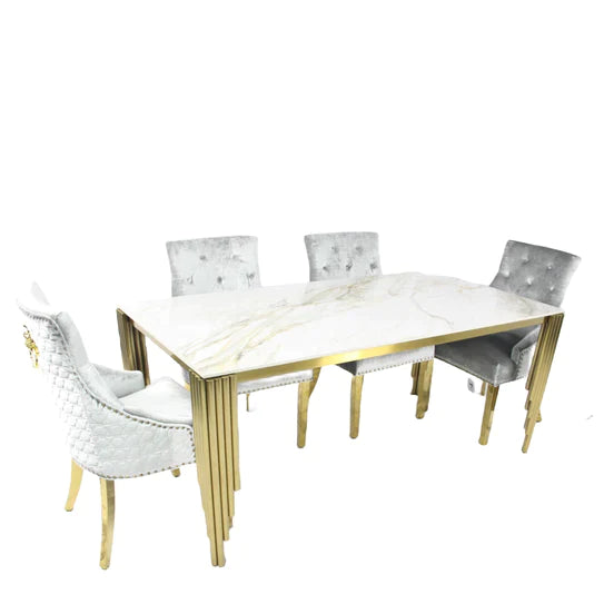 Mayfair 180CM Gold Marble Dining Table With Gold Lion Knocker Quilted Dining Chairs - Belmont Interiors