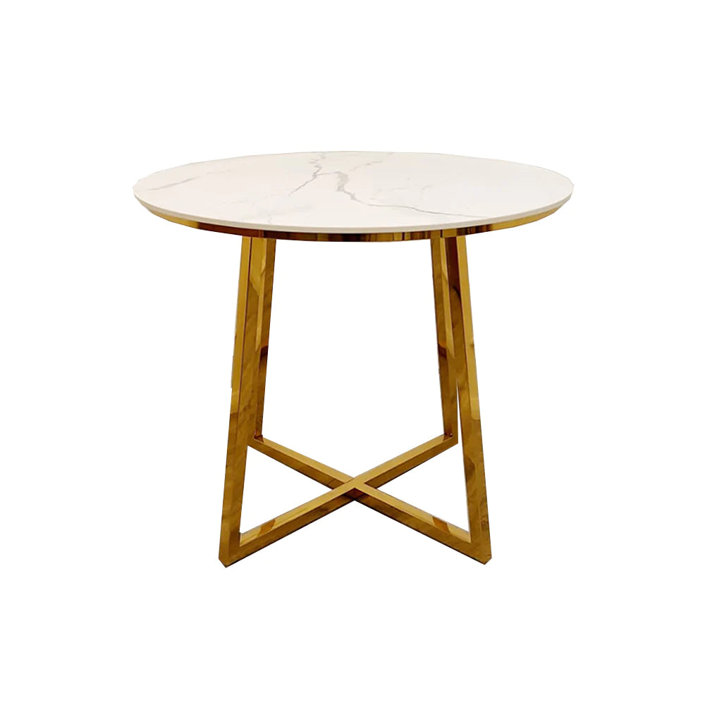 Juno 90cm Round Gold Dining Table with Polar White Sintered Stone Top + Gold Lion Knocker Dining Chairs-Dining Table & Chairs Set-Cuthwells-Belmont Interiors