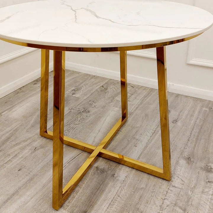 Juno 90cm Round Gold Dining Table with Polar White Sintered Stone Top + Gold Lion Knocker Dining Chairs-Dining Table & Chairs Set-Cuthwells-Belmont Interiors
