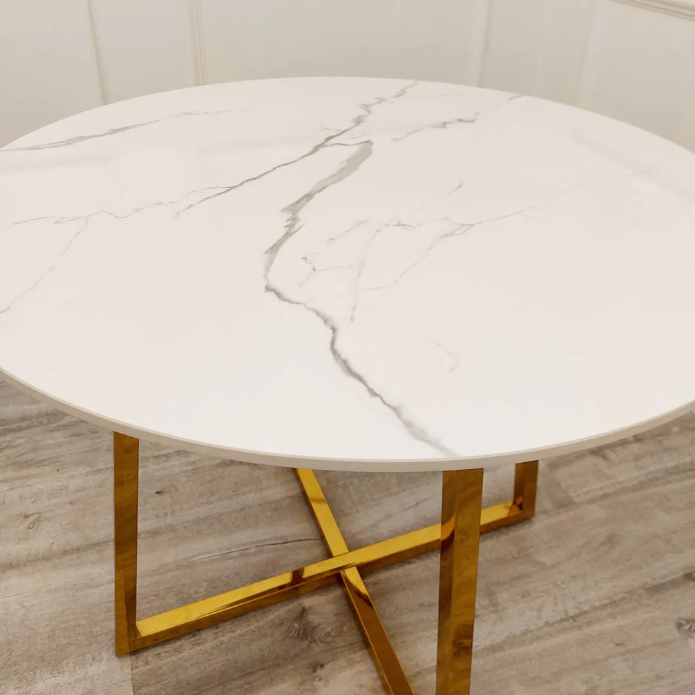 Juno 90cm Round Gold Dining Table with Polar White Sintered Stone Top + Gold Lion Knocker Dining Chairs-Dining Table & Chairs Set-Cuthwells-Belmont Interiors