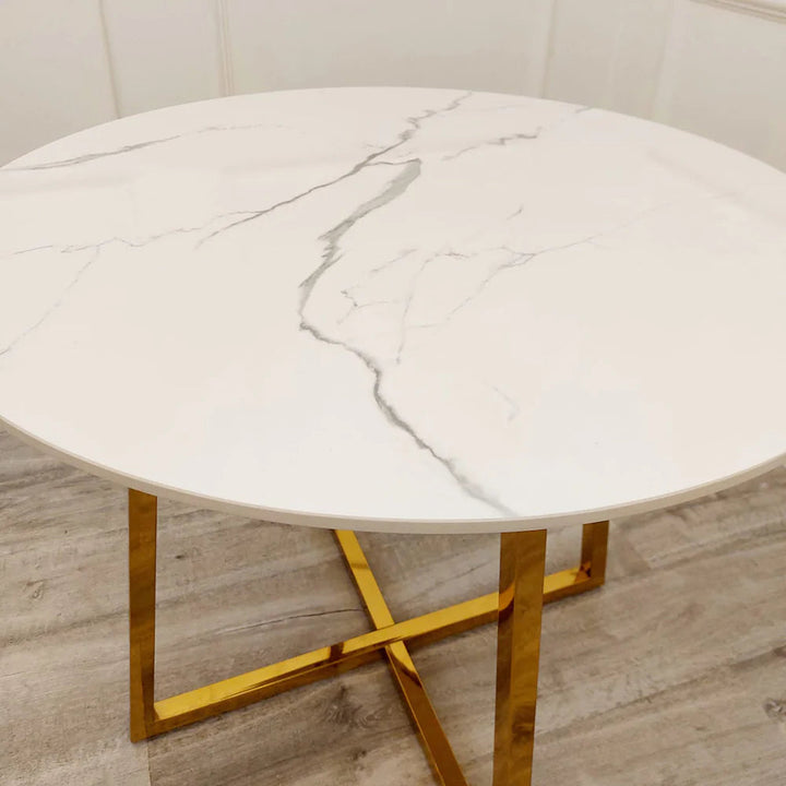 Juno 90cm Round Gold Dining Table with Polar White Sintered Stone Top + Gold Lion Knocker Dining Chairs-Dining Table & Chairs Set-Cuthwells-Belmont Interiors