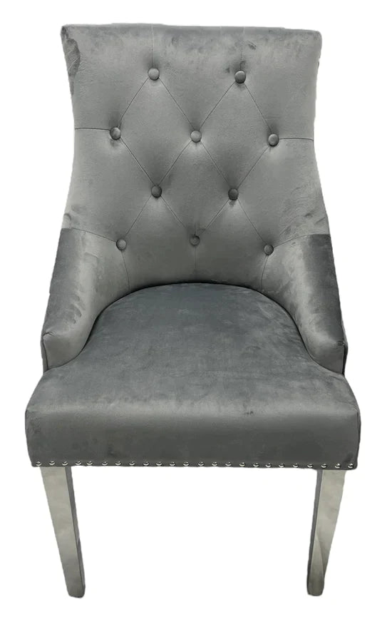 Louis Marble & Chrome Dining Table With Grey Ring Knocker Velvet Chairs & Bench - Belmont Interiors