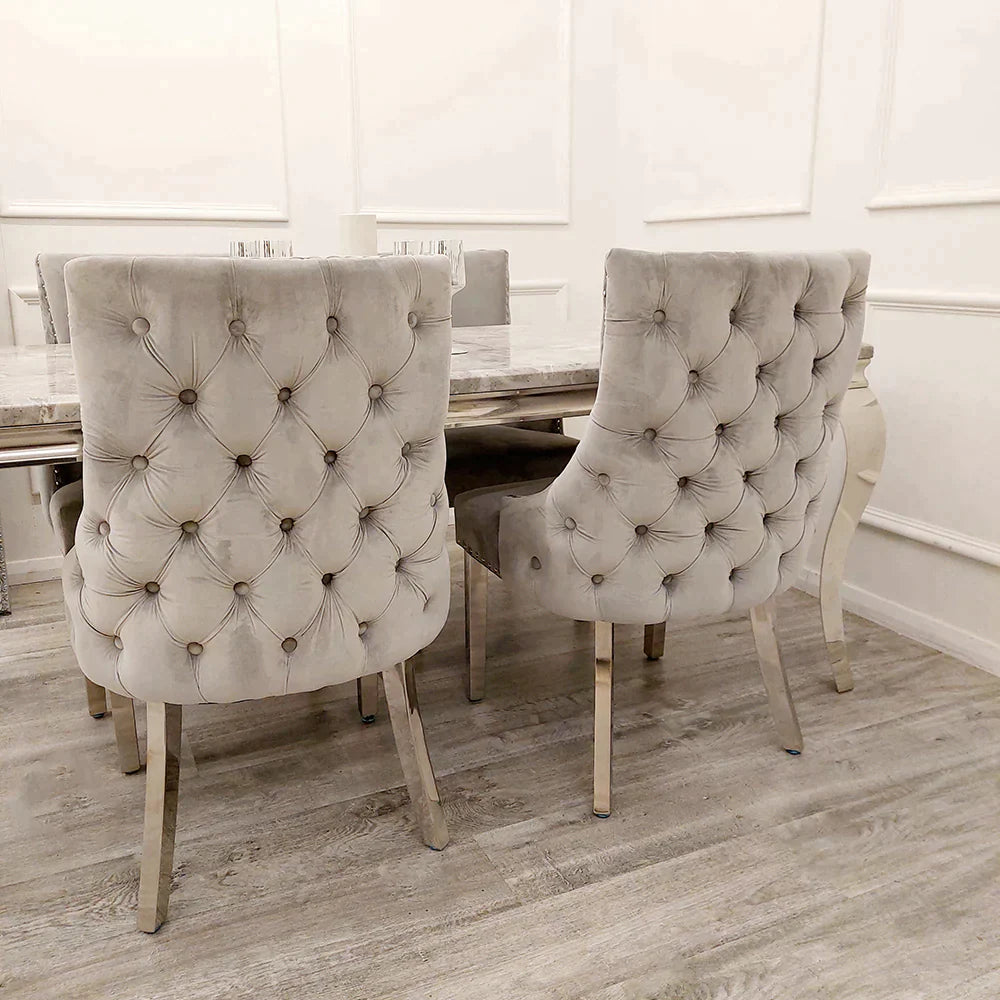 Lucien White 160cm Ceramic Marble Dining Table + Kensington Button Back Velvet Dining Chairs - Belmont Interiors