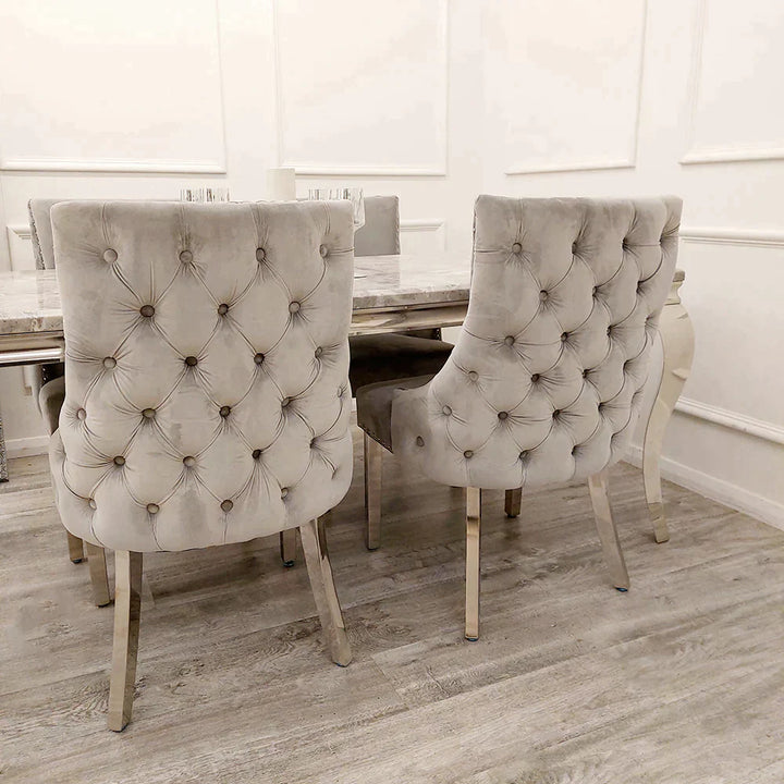 Lucien White 160cm Ceramic Marble Dining Table + Kensington Button Back Velvet Dining Chairs - Belmont Interiors