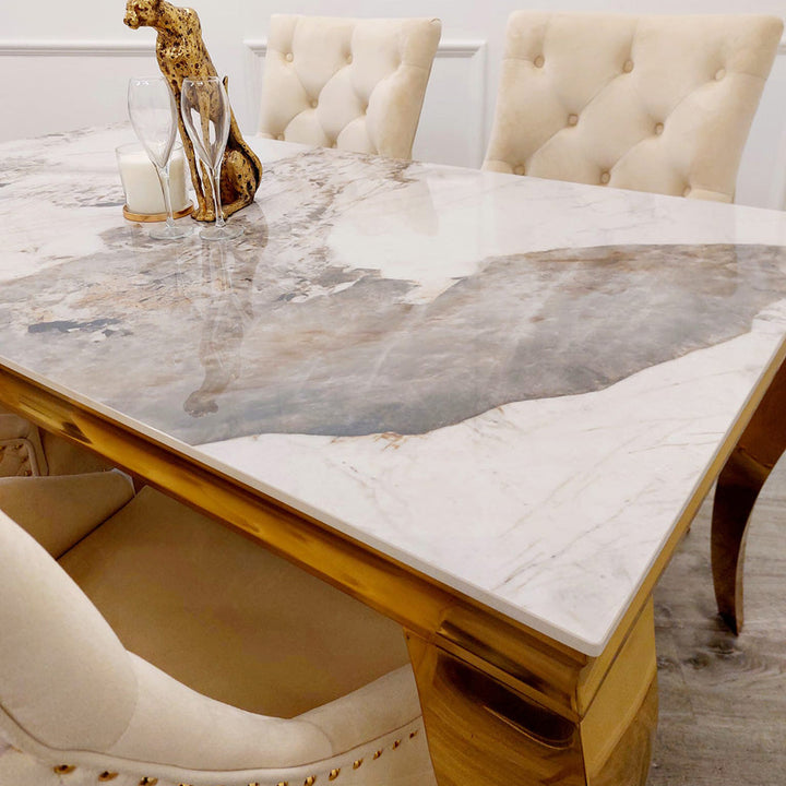Louis Gold Pandora Gold Sintered Stone Dining Table With Gold Lion Knocker Dining Chairs - Belmont Interiors