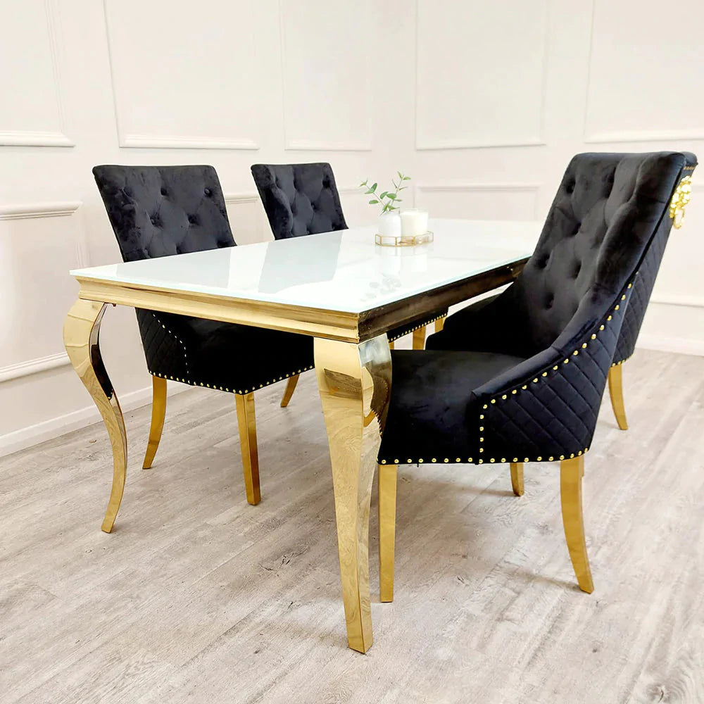 Louis Marble Dining Table With Gold Legs And 4 Gold Lion Knocker Dining Chairs-Dining Table & Chairs Set-Cuthwells-Belmont Interiors
