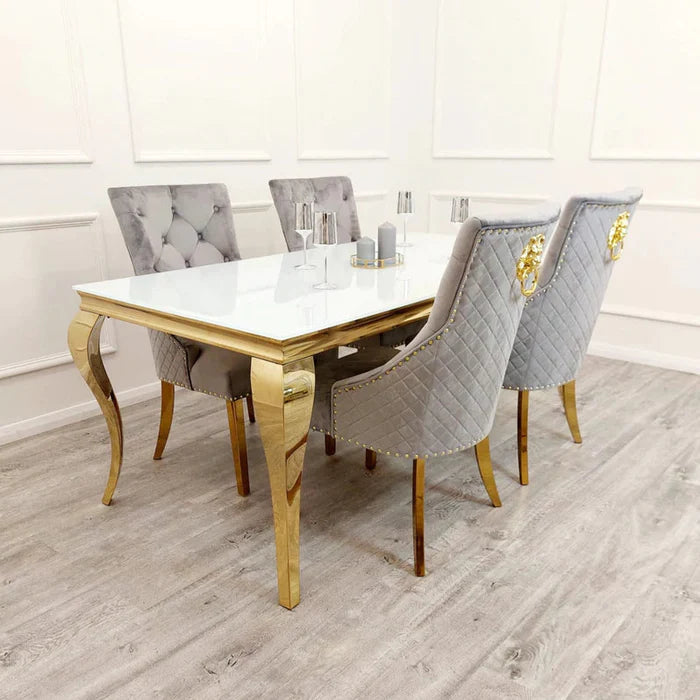 Louis Marble Dining Table With Gold Legs And 4 Gold Lion Knocker Dining Chairs-Dining Table & Chairs Set-Cuthwells-Belmont Interiors