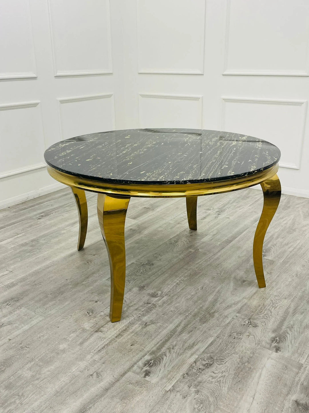 Louis 130cm Round Black/Gold Marble Gold Dining Table + Majestic Gold Lion Dining Chairs - Belmont Interiors