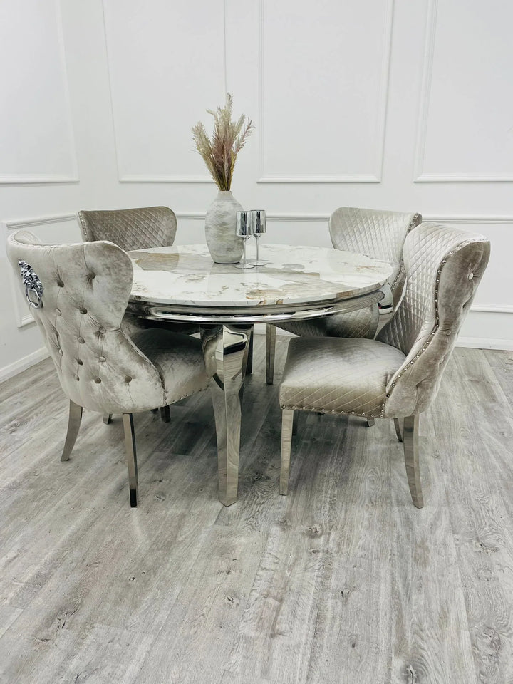 Louis 130cm Round Pandora Bronze Marble Chrome Dining Table And Valente Shimmer Lion Dining Chairs - Belmont Interiors