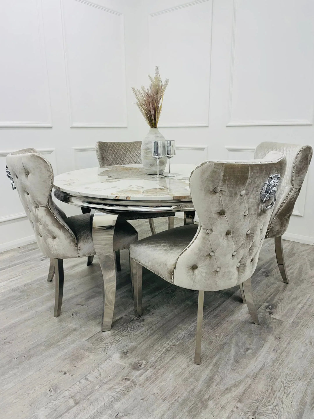 Louis 130cm Round Pandora Bronze Marble Chrome Dining Table And Valente Shimmer Lion Dining Chairs - Belmont Interiors