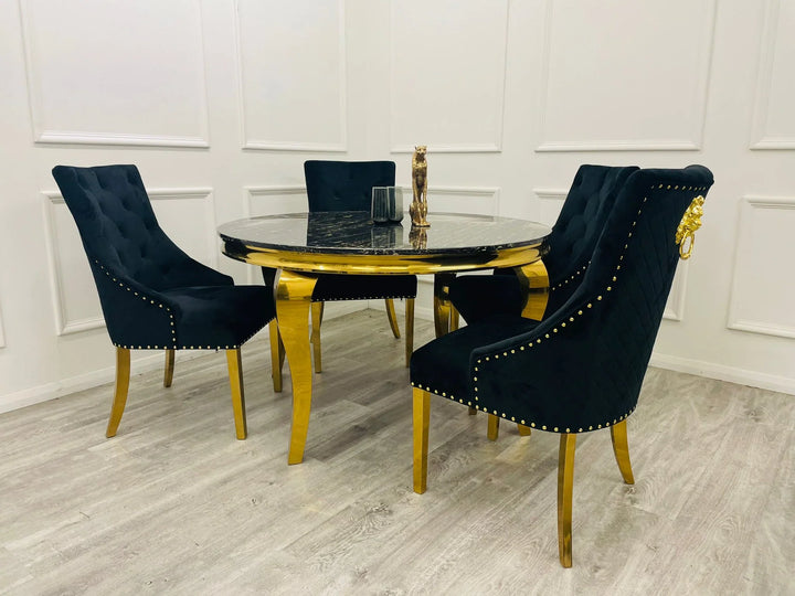 Louis 130cm Round Black/Gold Marble Gold Dining Table + Majestic Gold Lion Dining Chairs - Belmont Interiors