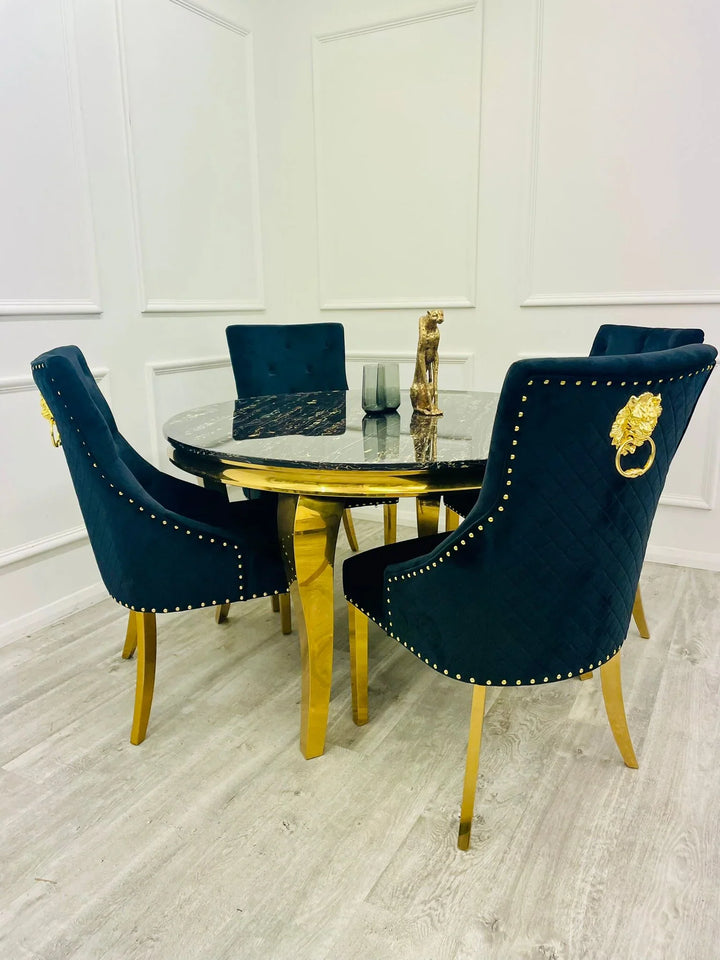 Louis 130cm Round Black/Gold Marble Gold Dining Table + Majestic Gold Lion Dining Chairs - Belmont Interiors