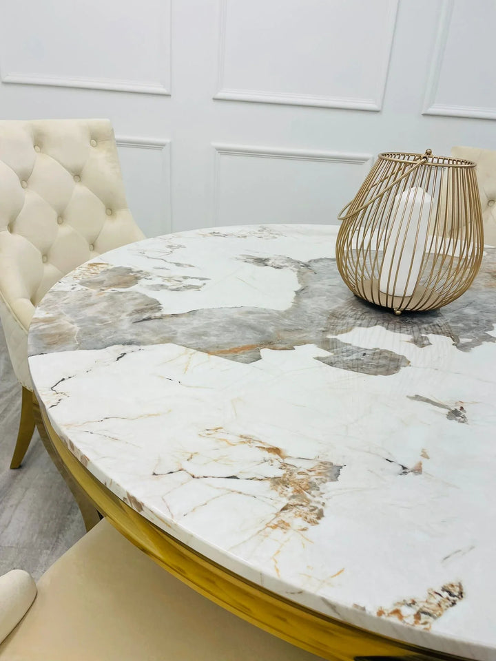 Louis 130cm Round Pandora Bronze Marble Gold Dining Table + Majestic Gold Lion Dining Chairs - Belmont Interiors