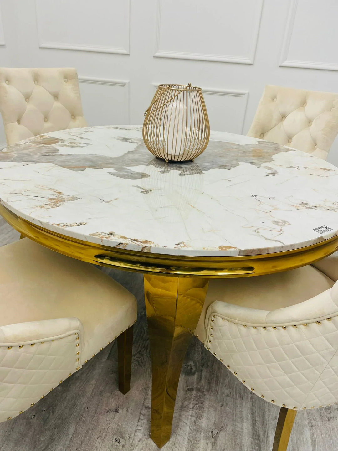 Louis 130cm Round Pandora Bronze Marble Gold Dining Table + Majestic Gold Lion Dining Chairs - Belmont Interiors