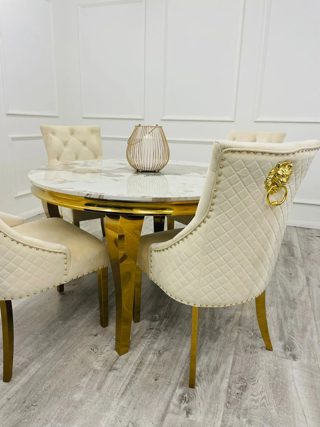 Louis 130cm Round Black/Gold Marble Gold Dining Table + Majestic Gold Lion Dining Chairs - Belmont Interiors