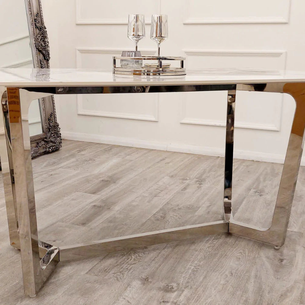 Lucien 160cm Chrome Dining Table with Polar White Sintered Stone Top + Chrome Quilted Back Lion Knocker Dining Chairs - Belmont Interiors