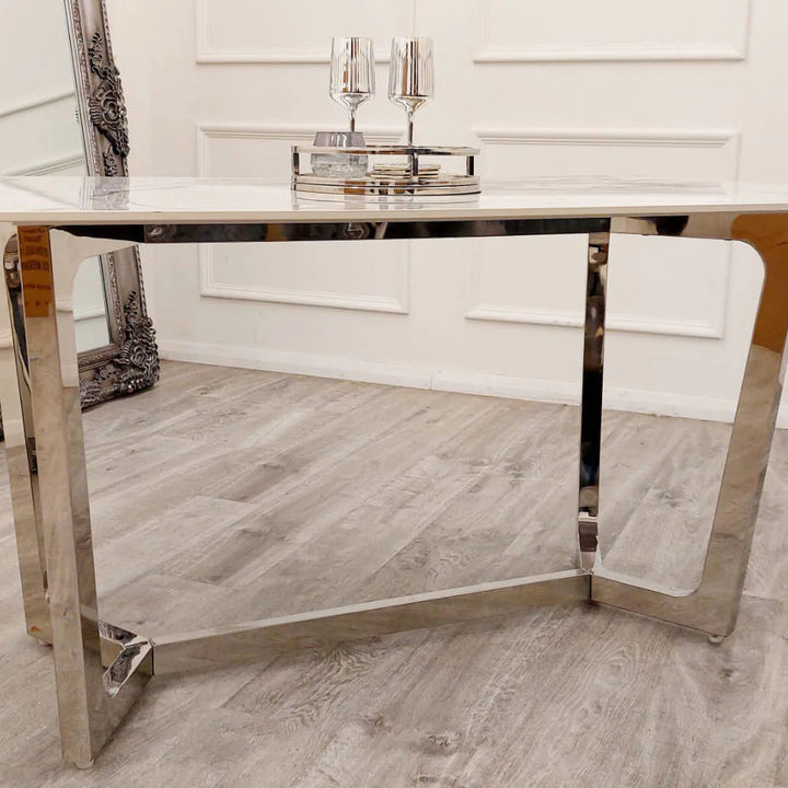 Lucien 160cm Chrome Dining Table with Polar White Sintered Stone Top + Chrome Quilted Back Lion Knocker Dining Chairs - Belmont Interiors