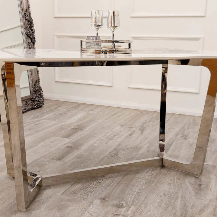Lucien White 160cm Ceramic Marble Dining Table + Kensington Button Back Velvet Dining Chairs - Belmont Interiors