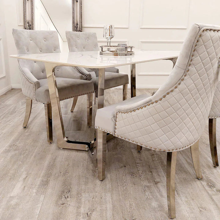 Lucien 160cm Chrome Dining Table with Polar White Sintered Stone Top + Chrome Quilted Back Lion Knocker Dining Chairs - Belmont Interiors