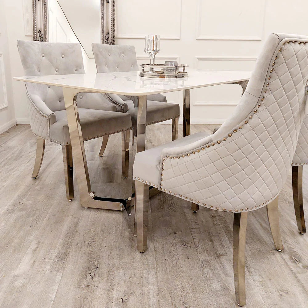Lucien 160cm Chrome Dining Table with Polar White Sintered Stone Top + Chrome Quilted Back Lion Knocker Dining Chairs - Belmont Interiors