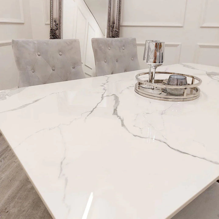 Lucien White 160cm Ceramic Marble Dining Table + Kensington Button Back Velvet Dining Chairs - Belmont Interiors