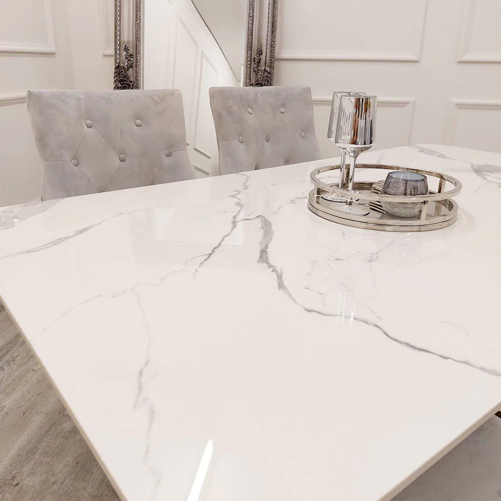 Lucien 160cm Chrome Dining Table with Polar White Sintered Stone Top + Chrome Quilted Back Lion Knocker Dining Chairs - Belmont Interiors