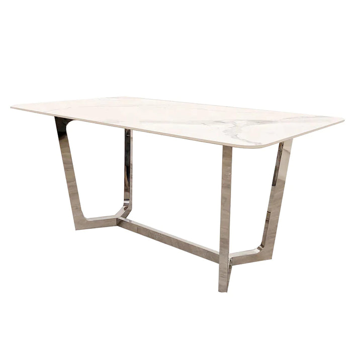 Lucien White 160cm Ceramic Marble Dining Table + Kensington Button Back Velvet Dining Chairs - Belmont Interiors