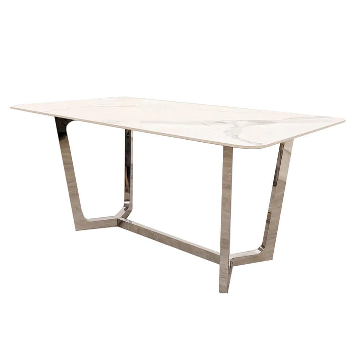 Lucien 160cm Chrome Dining Table with Polar White Sintered Stone Top + Chrome Quilted Back Lion Knocker Dining Chairs - Belmont Interiors