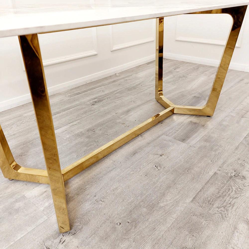 Lucien 180cm Gold Dining Table with Pandora Gold Sintered Stone Top + Gold Lion Knocker Dining Chairs-Dining Table & Chairs Set-Cuthwells-Belmont Interiors