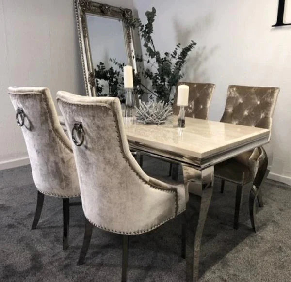 Louis Marble Dining Table With Gold Legs And 4 Gold Lion Knocker Dining Chairs-Dining Table & Chairs Set-Cuthwells-Belmont Interiors