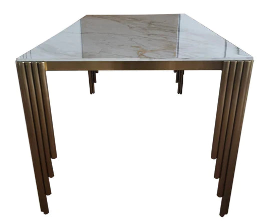 Mayfair 180CM Gold Marble Dining Table With Gold Lion Knocker Quilted Dining Chairs - Belmont Interiors