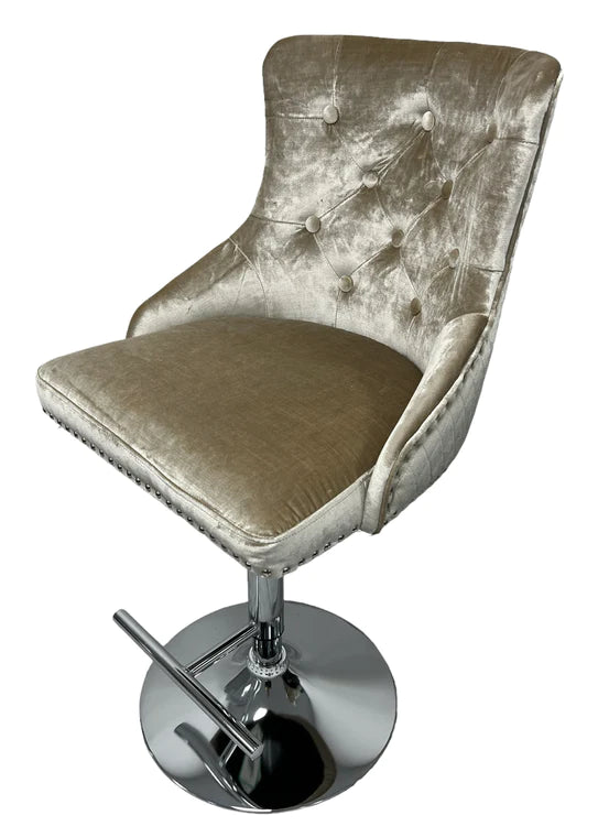 Paris Champagne Mink Shiny Velvet Bar Stool With Lion Knocker - Belmont Interiors