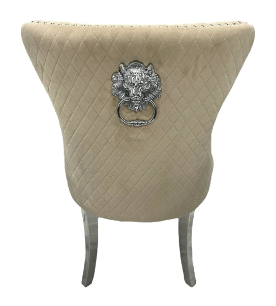 Mayfair Tufted Velvet Dining Chair with Chrome Legs and Lion Knocker in Dark Grey or Ivory - Belmont Interiors