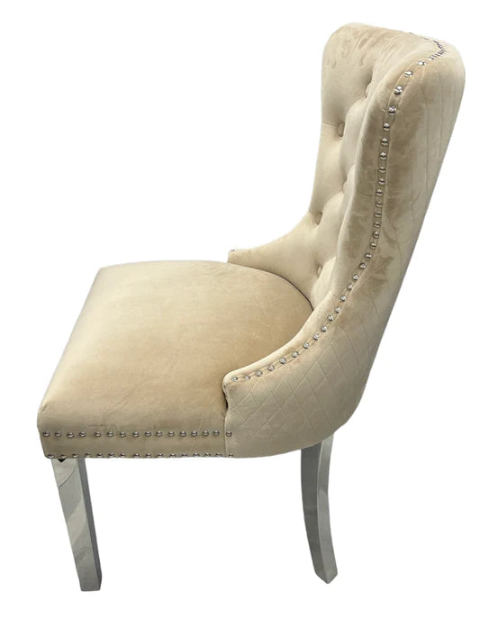 Mayfair Tufted Velvet Dining Chair with Chrome Legs and Lion Knocker in Dark Grey or Ivory - Belmont Interiors