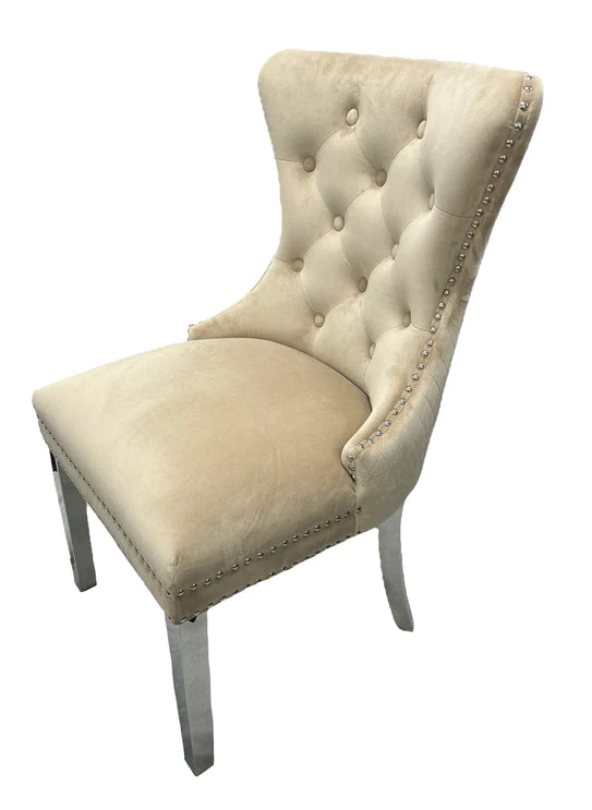 Mayfair Tufted Velvet Dining Chair with Chrome Legs and Lion Knocker in Dark Grey or Ivory - Belmont Interiors