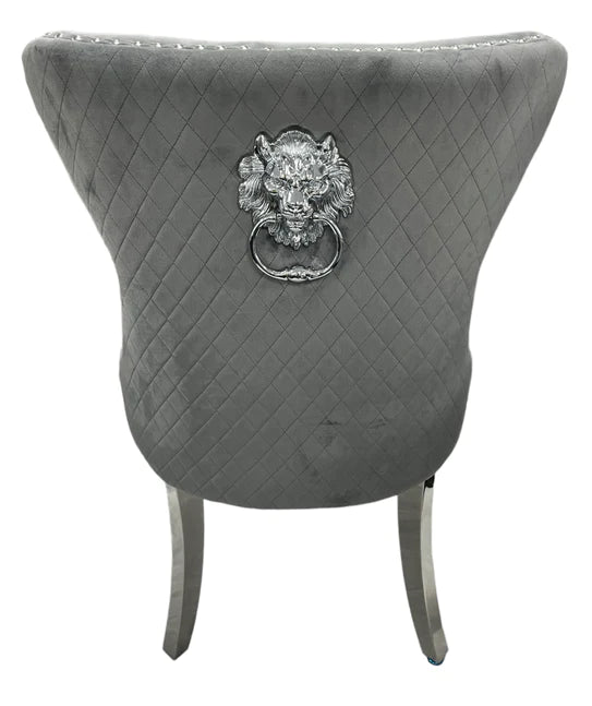 Mayfair Tufted Velvet Dining Chair with Chrome Legs and Lion Knocker in Dark Grey or Ivory - Belmont Interiors