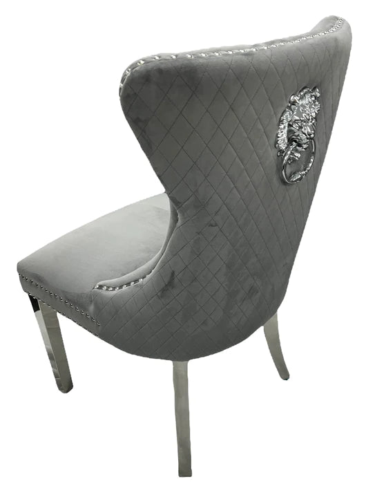Mayfair Tufted Velvet Dining Chair with Chrome Legs and Lion Knocker in Dark Grey or Ivory - Belmont Interiors