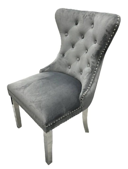 Mayfair Tufted Velvet Dining Chair with Chrome Legs and Lion Knocker in Dark Grey or Ivory - Belmont Interiors