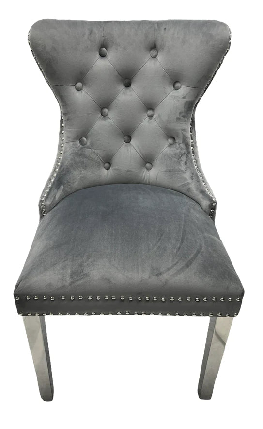 Mayfair Tufted Velvet Dining Chair with Chrome Legs and Lion Knocker in Dark Grey or Ivory - Belmont Interiors